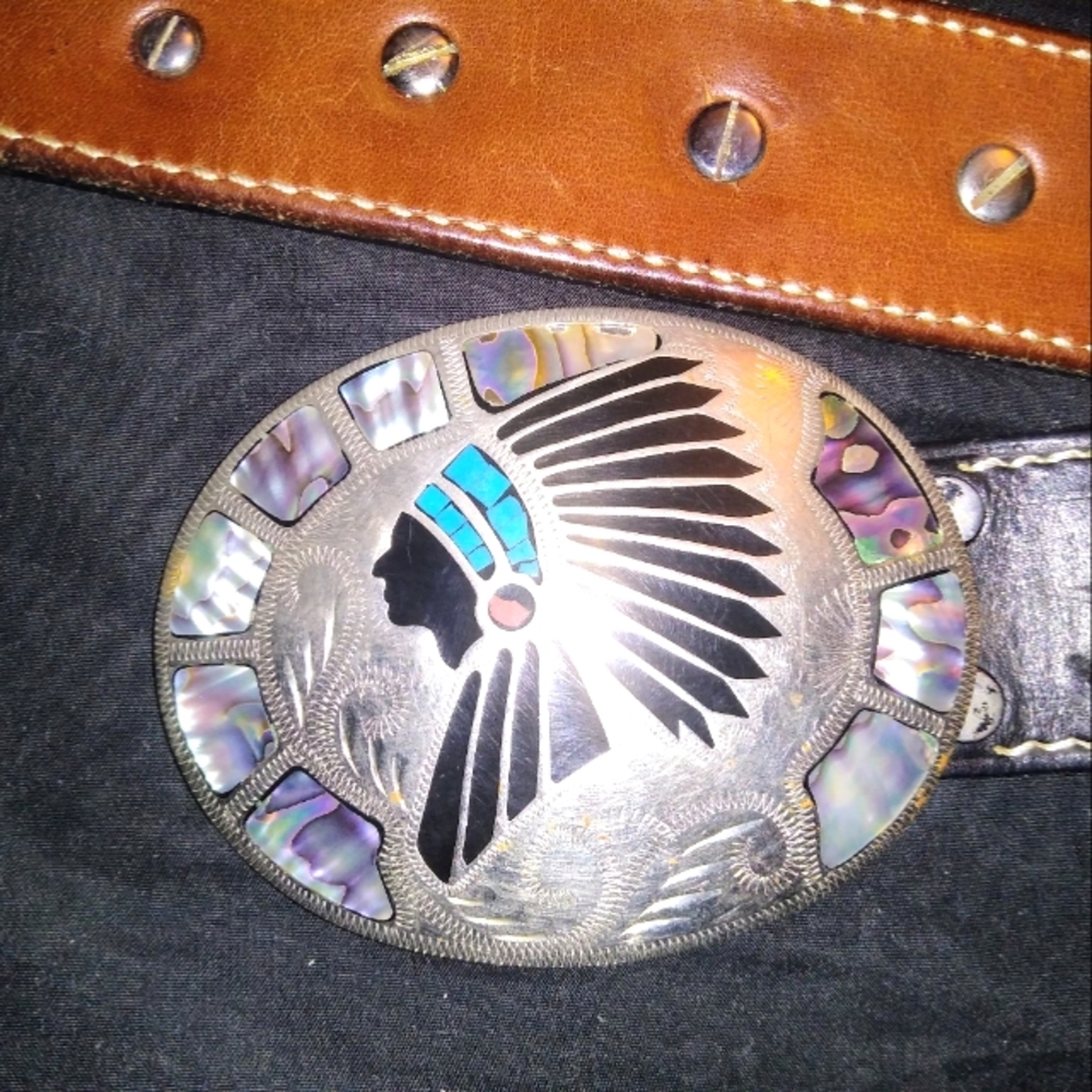 Gen Leather Belt w/ Silver Navajo Indian Chief Belt Buckle Inlaid w/ Gemstones